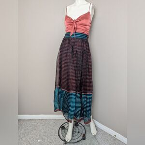 Vintage 1960s Ruth Statner Sheer Stripe Maxi Skirt Blue Red Black Lined High Wai